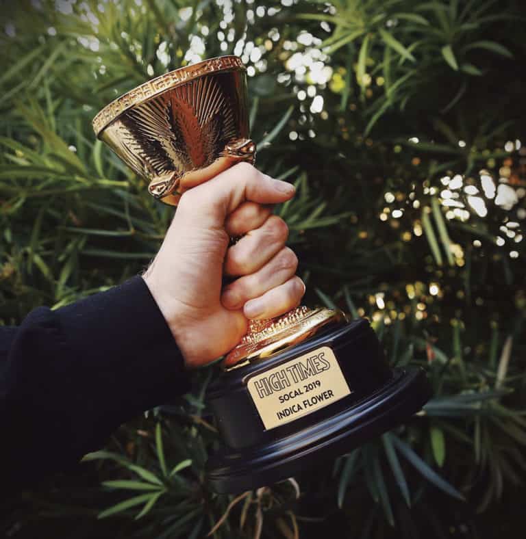 A trophy that says "hightimes socal 2019 indica flower"