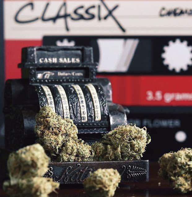 A cannabis brand called Classix laid out on the table with various flowers