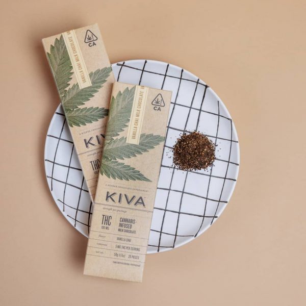 crushed cannabis with Kiva brand placed in the plate