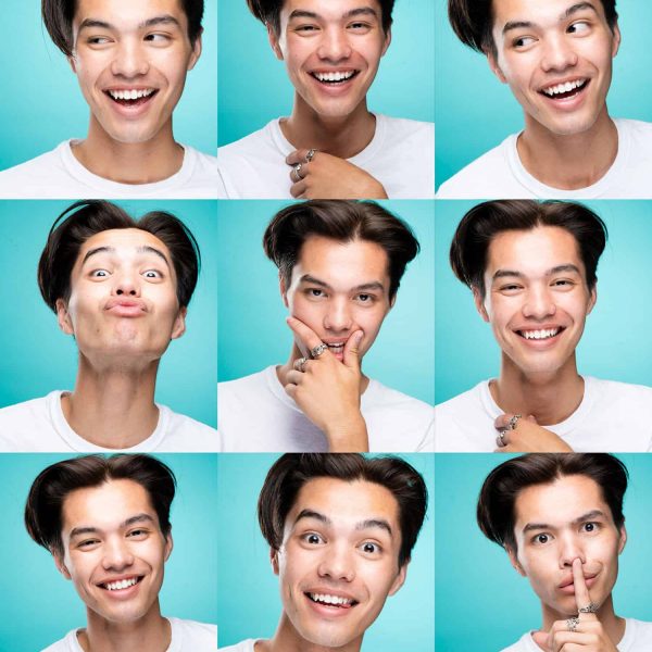 Many different headshots of a man displaying different personalities